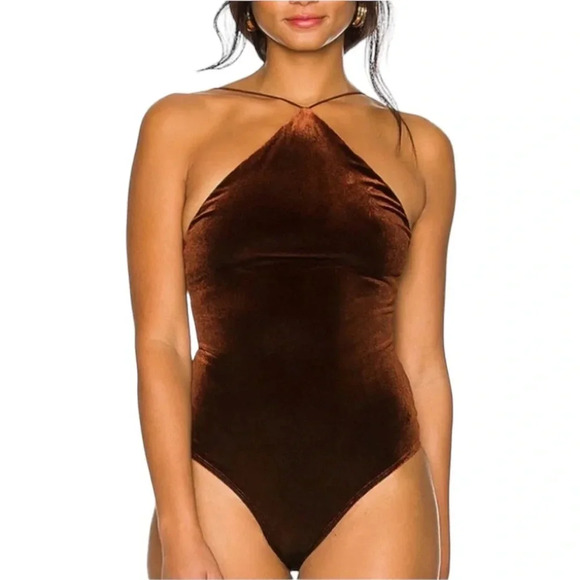 NWT Alix NYC x Revolve Velvet Bates Chocolate Brown Halter Bodysuit Size M - Picture 1 of 12